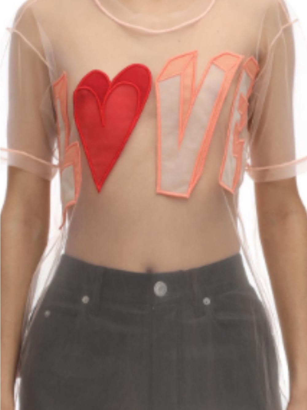 Viktor & Rolf Sheer Crop Top with Red Heart and Coral Trim